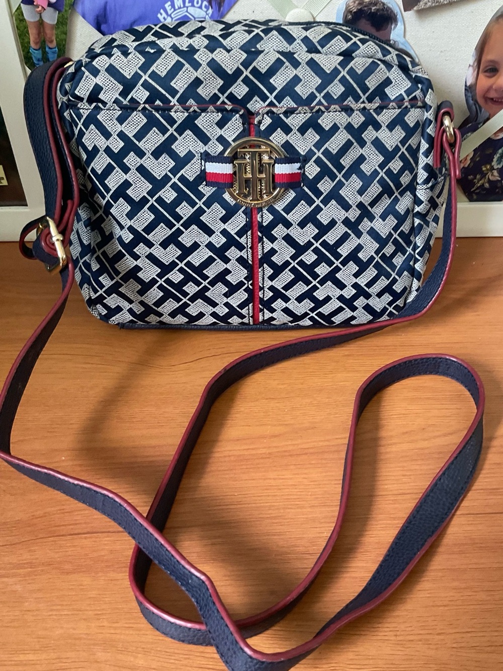 Tommy Hilfiger Navy and White Monogram Crossbody Bag with Red Trim